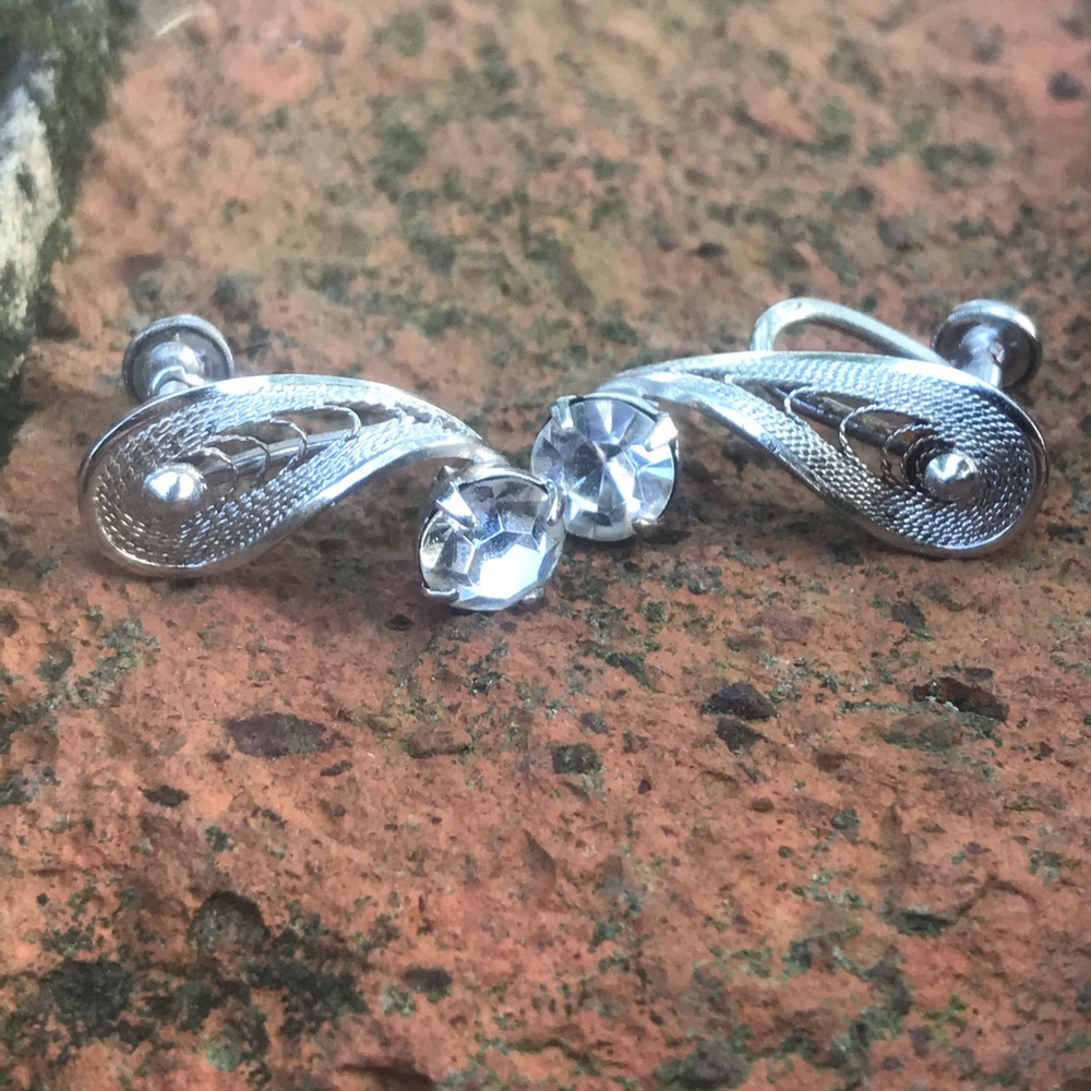 Vintage Dainty Clear Rhinestone and Silver Tone Curve Embellished Earrings